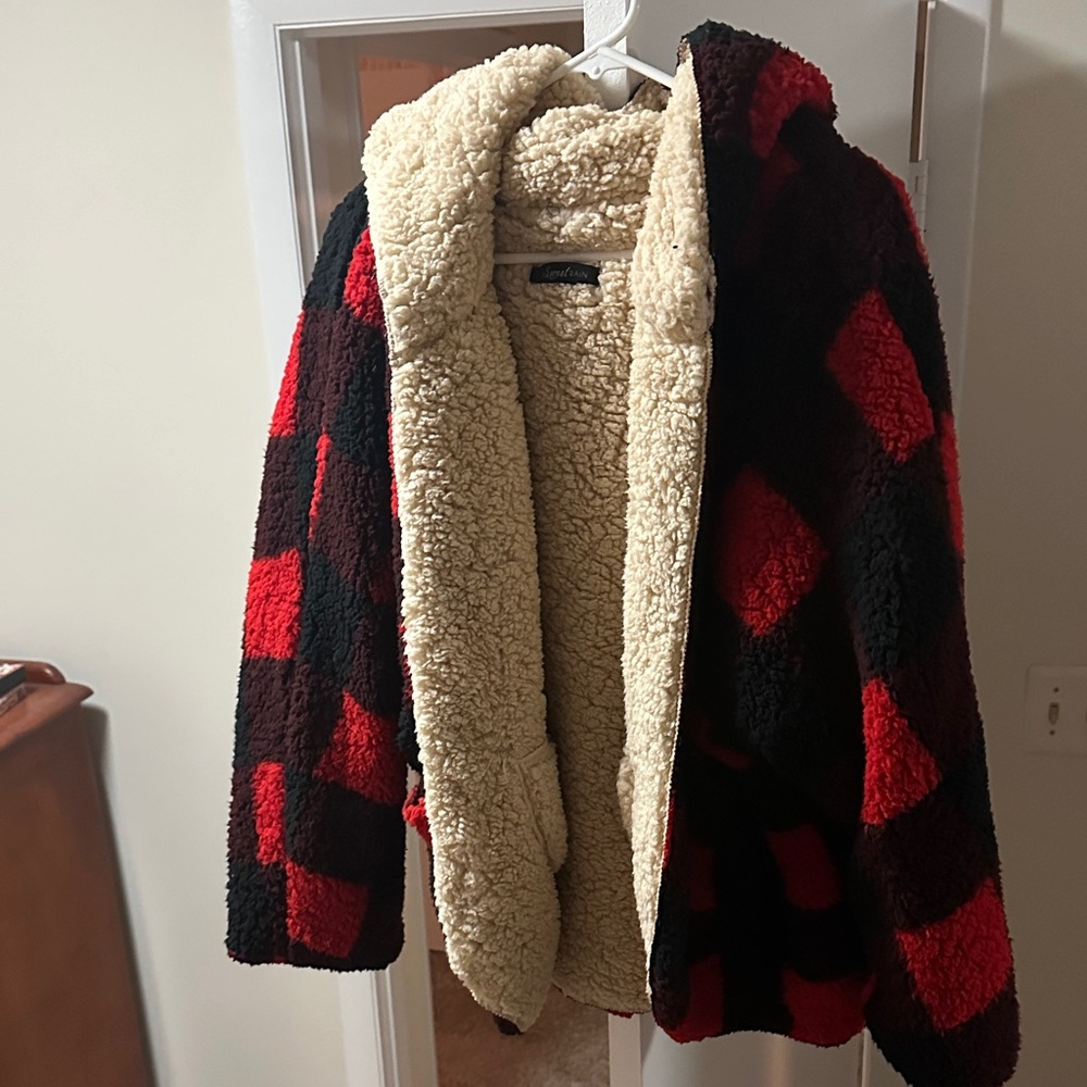 Sweet Rain Red and Black Checkered Teddy Jacket
